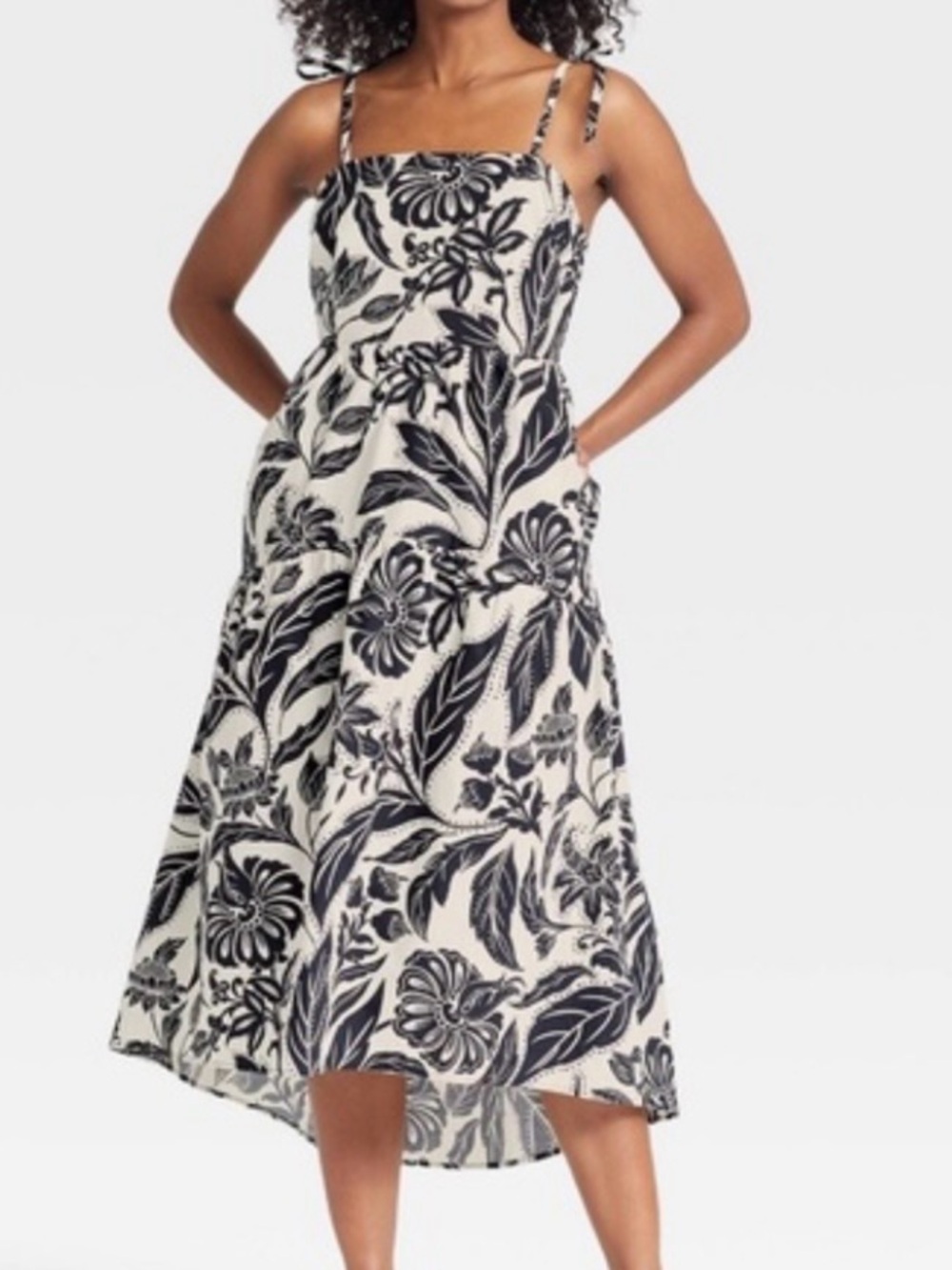 Who What Wear Black and White Floral Tie-Shoulder Midi Dress